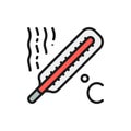 Thermometer, high temperature, fever flat color line icon.