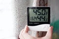 Thermometer and hygrometer of electronic to control temperature and humidity. Humidity indicator is indicated on the hygrometer of Royalty Free Stock Photo