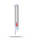 Thermometer with icicles and snow cap. Very cold weather in winter, danger of frostbite. Frozen thermometer showing low