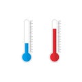 Thermometer icon with blue and red indicators in flat style. Meteorology or medical thermometers measuring hot heat and cold. Royalty Free Stock Photo