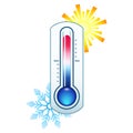 Thermometer icon measuring hot and cold temperature on background sun and snowflake Royalty Free Stock Photo