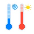 Thermometer icon set measuring heat and cold temperature, with sun and snowflake symbol, simple flat design vector eps10 Royalty Free Stock Photo