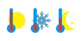 The thermometer icons with different levels. High, low and nightly temperature symbol. Flat Vector illustration