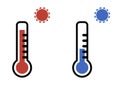 Thermometer icons in red and blue colors for hot and cold weather. Vector