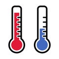 Thermometer icons in red and blue colors for hot and cold weather. Vector