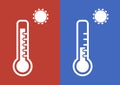 Thermometer icons in red and blue colors for hot and cold weather. Vector