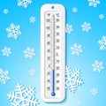 Isolated color realistic thermometer with degrees Celsius and Fahrenheit on the cold background. Vector weather infographics