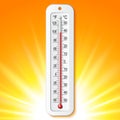 Isolated color realistic thermometer with degrees Celsius and Fahrenheit on the sun background. Vector weather infographics