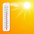 Isolated color realistic thermometer with degrees Celsius and Fahrenheit on the sun background. Vector weather infographics