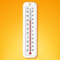 Isolated color realistic white thermometer with degrees Celsius and Fahrenheit on the background. Vector weather infographics