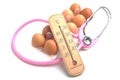 The thermometer laying on eggs with pink stethoscope. Food and h