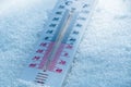 The thermometer lies on the snow in winter showing a negative temperature. Meteorological conditions in a harsh climate in winter Royalty Free Stock Photo