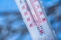 The thermometer lies on the snow in winter showing a negative temperature. Meteorological conditions in a harsh climate in winter Royalty Free Stock Photo
