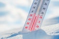 The thermometer lies on the snow in winter showing a negative temperature.Meteorological conditions in a harsh climate in winter Royalty Free Stock Photo