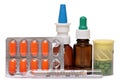 Thermometer, nasal drops,medicines from tablets Royalty Free Stock Photo