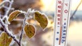 The thermometer near the frost-covered branch with leaves shows minus 5 degrees, winter weather