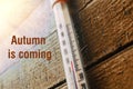 Thermometer on the old wooden wall, concept of autumn cool weather. Royalty Free Stock Photo