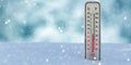 Thermometer outdoors on snowy background, temperature zero degrees Celcius. 3d illustration