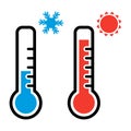 Thermometer in red and blue colors for hot and cold weather with snowflake and sun symbols. Vector