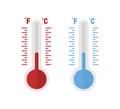 Thermometer red and blue colors isolated on white background. Trendy flat style. Temperature indicator. Cold or hot weather