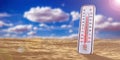 Thermometer in the sand, blue sky background, temperature forty degrees Celcius. 3d illustration Royalty Free Stock Photo