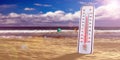 Thermometer in the sand, blue sky background, temperature forty degrees Celcius. 3d illustration Royalty Free Stock Photo