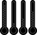 Thermometer with scale, cold and hot temperature indicator. Thermometer black isolated vector icon set. Royalty Free Stock Photo