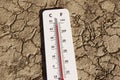 Thermometer showing high temperature in drought land due to abnormally high temperature, 3d rendering