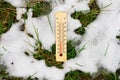 Thermometer showing zero degrees lies on the ground among melting snow and green grass. Soil temperature