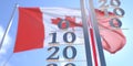 Thermometer shows 0 zero air temperature near waving flag of Canada. Weather forecast conceptual 3D rendering