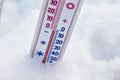 The thermometer in the snow shows 3 degrees below zero. Winter temperature_ Royalty Free Stock Photo