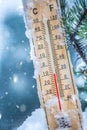 Thermometer on snow shows low temperatures in celsius or farenheit