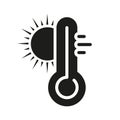 Thermometer with Sun Silhouette Icon. Hot Temperature Glyph Pictogram. Heat Sunny Day Symbol. Climate Change, Warm