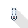 Thermometer, weather or medicine equipment thin line flat icon. Linear vector symbol colorful long shadow design.