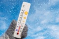 White celsius scale thermometer in hand. Ambient temperature minus 9 degrees Royalty Free Stock Photo