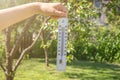 Thermometer in a woman's hand. Extreme hot weather