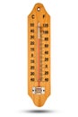 Thermometer on wooden base with celsius scale. Icon for your design. Temperature 30 degree Celsius. Royalty Free Stock Photo