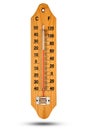Thermometer on wooden base with celsius scale. Icon for your design. Temperature 20 degree Celsius. Royalty Free Stock Photo