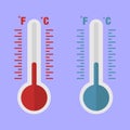 Thermometers in flat style red and blue simple lines on blue background
