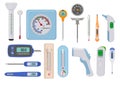 Thermometers. Hospital medical temperature measure high and low various indicators vector measure counters