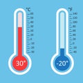 Thermometers icon. Goal flat vector illustration isolated on blu