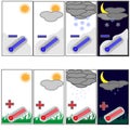 thermometers for measuring air temperature and eight winter and summer weather icons