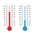 Thermometers measuring heat and cold temperature. Red and blue thermometers with Celsius and Fahrenheit scale