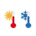 Thermometers showing hot and cold temperatures with a sun and a snowflake on a white background