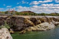 Travertine Terraces, The Swinging Bridge and the Bighorn River at Hot Springs State Park in Thermopolis Wyoming. Royalty Free Stock Photo