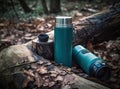 Thermos and aluminum hot drink mug with rising steam outdoors. Camping vacuum flask and iron cup standing on tree stump