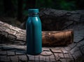 Thermos and aluminum hot drink mug with rising steam outdoors. Camping vacuum flask and iron cup standing on tree stump