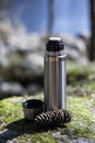 Thermos, cup and pinecone- picnic on mossy rock