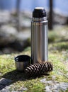 Thermos, cup and pinecone- picnic on mossy rock