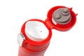 Thermos cup with red-orange vacuum lid for long-term storage of hot and cold drinks. For fitness and travel